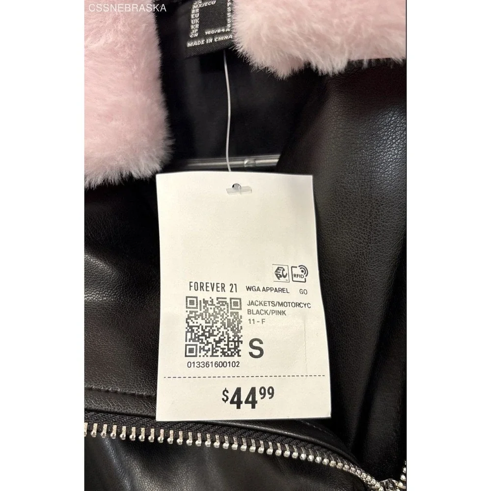 Forever 21 Pink/Black Women's Faux Fur-Trim Cropped Moto Jacket‎ - Size S